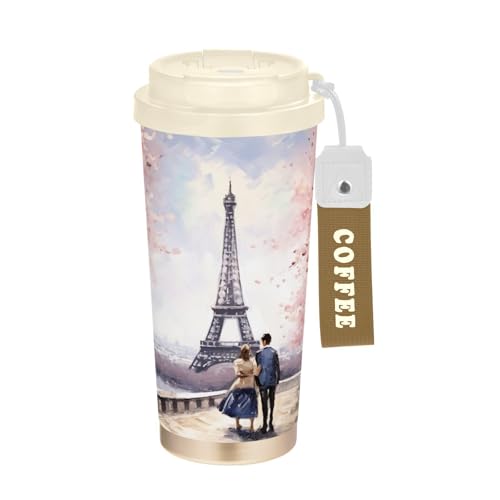 SKYSHU Taza de café de viaje aislada de la Torre Eiffel de París de 17 onzas con tapa y pajita, vaso a prueba de derrames y fugas con correa de asa para bebidas frías y calientes, botella de agua