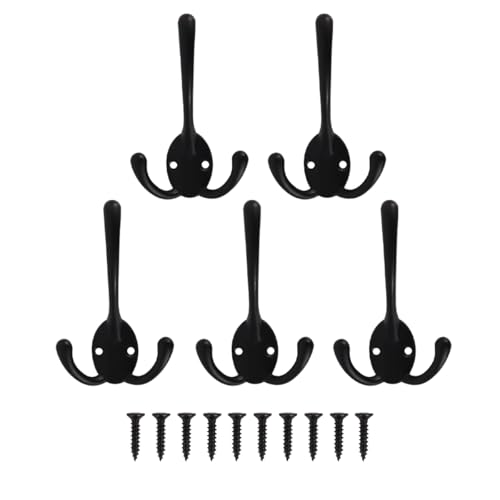 Image of DUZEPA 5PCS Black Wall Hooks, Retro Heavy Duty Triple Hooks for Coat Jacket Hat Bag Robe Towel Scarf Keys Cup