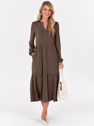 ANRABESS Women's Long Sleeve Maxi Dresses 2025 Fall Casual V Neck Flowy Tiered Boho Modest Trendy Vacation Dress with Pockets3