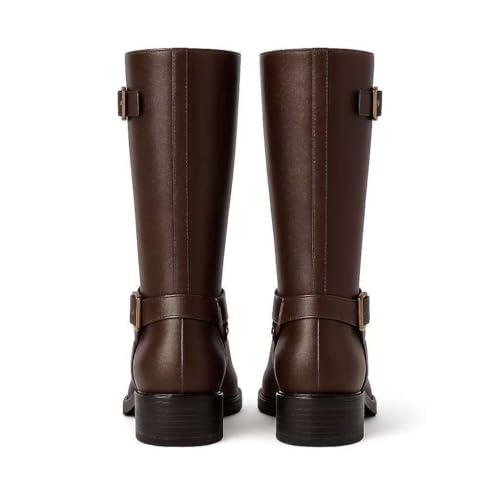 Women’s Knee High Boots for Women, Moto Biker Harness Riding, Round Toe Stacked Heel, Side Zip, Non-Slip Outsole, Cushion Insole, Wide Calf, Faux Leather3