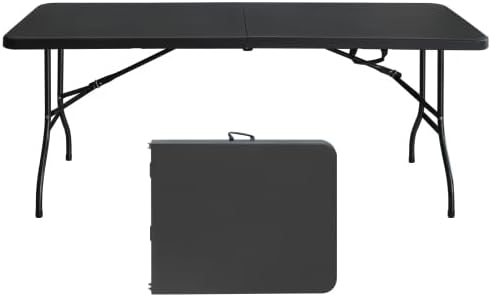 IDEALHOUSE 6 Ft Plastic Folding Table, Portable Fold-in-Half Table with Iron Legs, Carrying Handle, Outdoor Rectangular Fold Out Table for Dining, Picnic, Party, Camping, Barbecues, Black