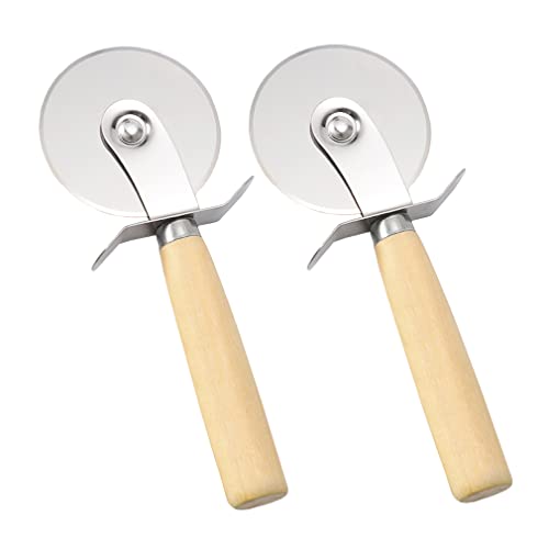 Ousyaah 2 Pieces of Pizza Cutter with Wooden Handle, Stainless Steel Pizza Cutter Wheel with Thumb Guard Protection, Classic Non-Stick Pizza Slicer with Comfort Wood Handle, Dishwasher Safe