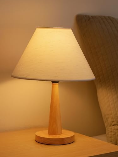 Image of Modern Wooden Table Lamp with Fabric Shade | Warm Ambient Lighting for Bedroom, Living Room & Home Decor | Bedside Nightstand Lamp with Soft Glow | Minimalist Design (Beige)