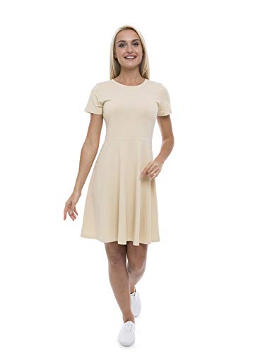 ABAKUHAUS Vestido con Mangas Cortas y Falda Acampanada, M, Champagne
