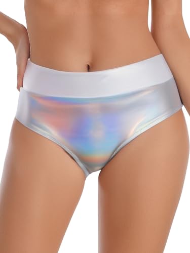 Agoky Tanga Metálica para Mujer Bragas Brillantes De Cintura Alta Pantalones Cortos Sexy Ropa Interior De Verano Plata B XL