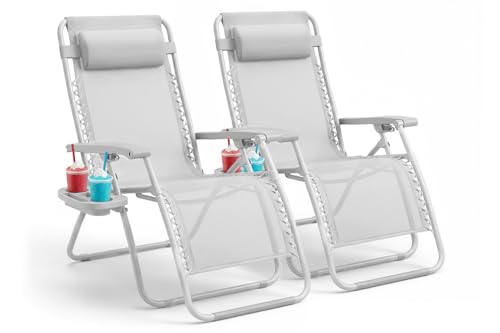 KEPLIN Set of 2 Heavy Duty Zero Gravity Chairs Padded Garden Recliners with Locking System 160 Recline Adjustable Pillow Removable Tray with Cup & Phone Holders 110kg Capacity (Light Grey)