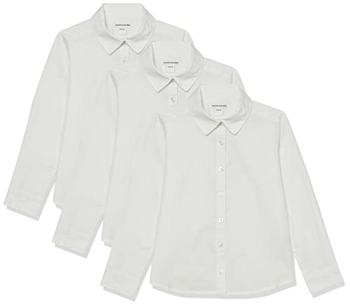 Amazon Essentials Camisas de Popelina elástica con Cuello Abotonado y Manga Larga para Uniforme Niña, Blanco, 9 años Slim