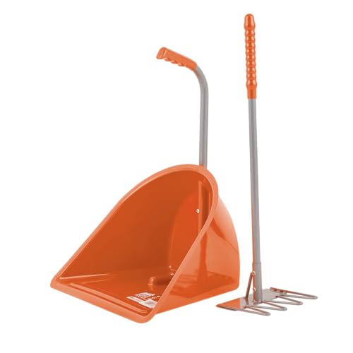Teenie Tidee with Short Traditional Rake Orange Horse Manure Shovel Scoop Multi Purpose Small Lightweight Suitable for Children Dustpan Set for Paddock Stable Horsebox Equestrian or Garden Waste