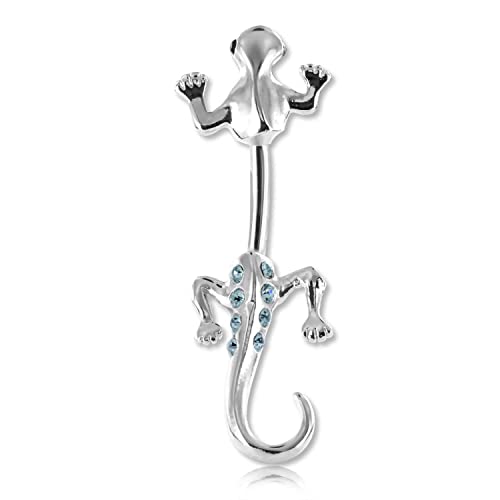INOKI - Banane Nombril Argent Cristal de Swarovski Salamandre Passthru - Jonc/Tige 1.6 mm, Long. int. 8 mm - Aiguemarine