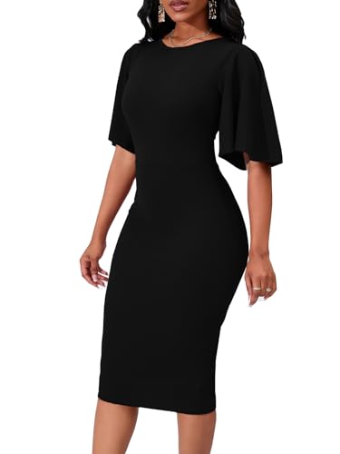 Womens Basic Bodycon Ruffle Flared Short Sleeve Pencil Midi Dress4