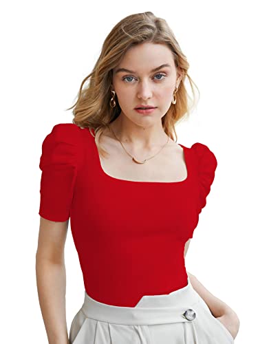 Image of Shasmi Women's & Girl's Polyester Pleated High Neck Short Puff Sleeve Ruched Bust Solid Regular Fit Top