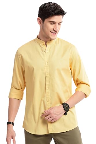 Image of SHOWOFFFF Men Solid Casual Shirt | Mandarin Collar Full Sleeves Cotton Shirt for Mens | Slim Fit Regular Length Shirt for Men's