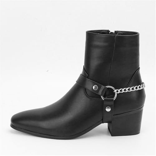 CHUUMEE Men's Belt Buckle Chain Strap Ankle Boots Fashion Side Zipper High Heel Dress Boots3
