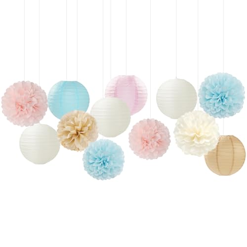 Image of Light-Blue Pink Champagne Gender-Reveal Party-Decorations - 15pcs Boy Or Girl Paper Flowers Tissue Pom Poms Lanterns Streamers,Birthday Bear Baby Shower Neutral Hanging Supplies Decor Hugfond