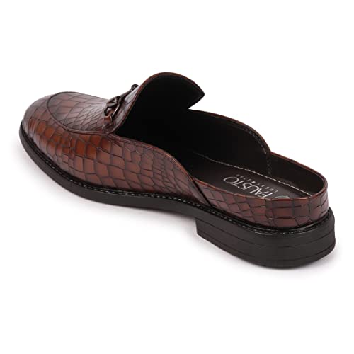 FAUSTO Men Embossed Leopard Print Design with Horsebit Buckle Ethnic Party Back Open Slip On Mules Shoes