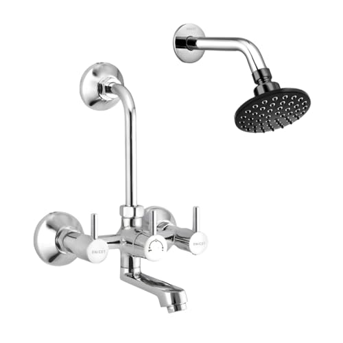 Image of ENICET Brass Wall Mixer with 190mm Long Bend Pipe, Chrome Finish, Provision for Overhead Shower, Wall Mixer for Bathroom, Water Mixer Tap for Bathroom Full Set (WITH SHOWER)