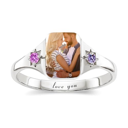 Personalized Photo Ring 925 Sterling Silver Birthstone Rings for Women Custom Memorial Ring Promise Rings for Her Lover
