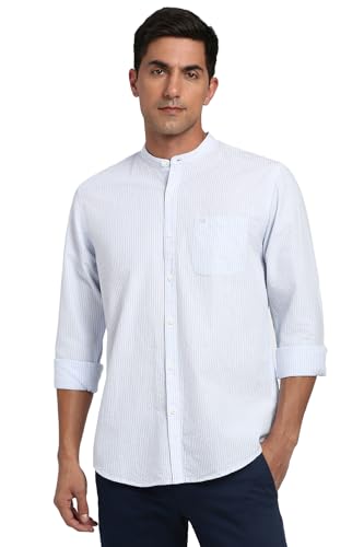 Image of Peter England Men's Casual Mandarin Collar Slim fit Full Sleeve Shirt in 100% Cotton Seersucker with Striped Design