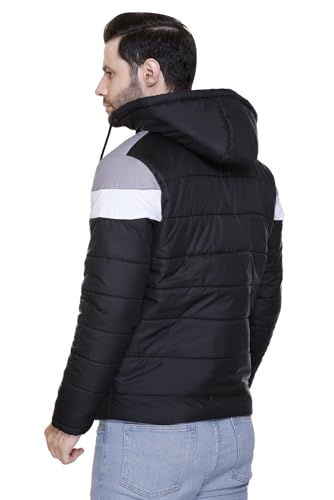 Image of Men's Navy Blue and Grey Hooded Puffer Jacket, Quilted, Zip Front