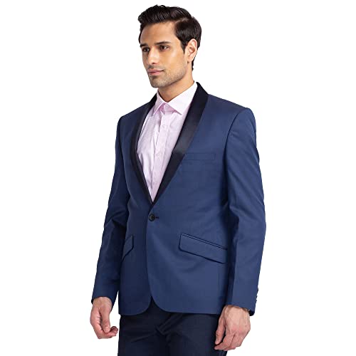 Image of Raymond Men's Contemporary Fit Polyviscose Blend Shawl Collar Na Pattern Full Sleeve Dark Blue Ceremonial Suit