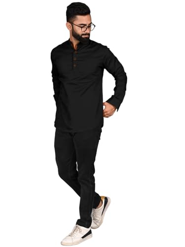 Image of ROYALSCOUT Men Cotton Blend Short Kurta with Mandarin Collar and Button Placket | Full Sleeve Regular Fit Ethnic Wear for Casual and Festive Use