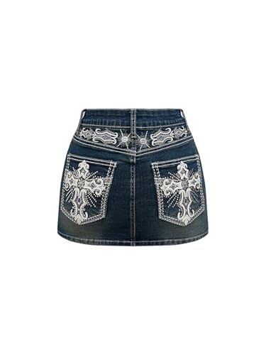 WDIRARA Women's Vintage Punk Cross Embroidered Denim Mini Skirt Stretchy Low Rise Bodycon Jean Skirts
