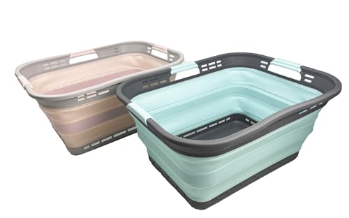 Image of SAMMART 42L (11 Gallon) Collapsible Plastic Storage Basket - Foldable Pop Up Storage Container - Portable Laundry Organizer - Space Saving Hamper (Pink+Lake Green, 42L (Style A))