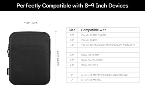 Dadanism 8-9 Inch Tablet Sleeve Case for iPad Mini 7th/6th 8.3" 2024/2021, iPad Mini 5/4/3/2/1 7.9", Galaxy Tab A7 Lite/A9 8.7", reMarkable Paper Pro Move 7.3" 2025, Tab M8 8", Tab M9 9", Black
