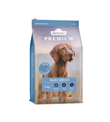 Dehner Premium Hundefutter Maxi Adult, Trockenfutter getreidefrei, für ausgewachsene Hunde großer Rassen, Fisch / Lamm / Kartoffel, 4 kg