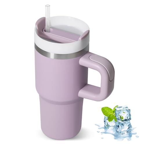 ZAKVOP Taza Termo cafe para Llevar, Taza Termica 410ml con Tapa y Pajitas, Vaso Termico con Asa, Tumbler para Frío y Caliente, Travel Mug (Violeta Claro)