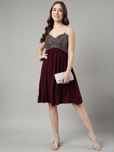 Image of SHOWOFFFF Women Embellished Fit and Flare Party Dress | Square Neck Sleeveless Georgette Dress for Womens | Knee Length Dress for Women's