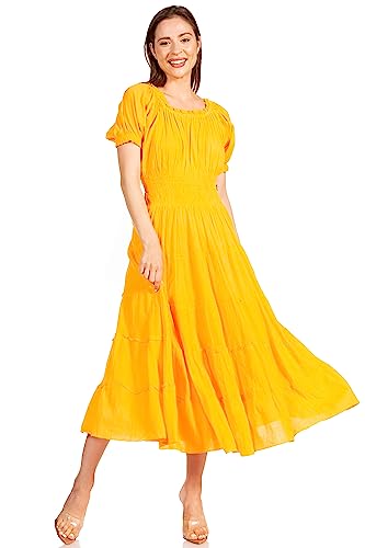 Image of Sakkas Cotton Crepe Smocked Peasant Gypsy Boho Renaissance Mid Length Dress