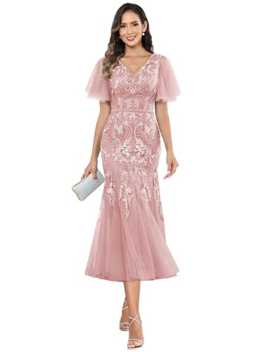 Elegant Lace Mother of The Bride Dresses for Women Tulle V Neck Mermaid Evening Gown with Sleeves