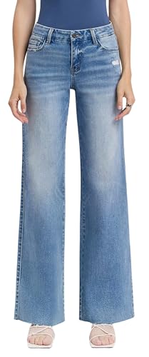 VERVET Women's Olivia Mid Rise Clean Cut Raw Hem Wide Jeans
