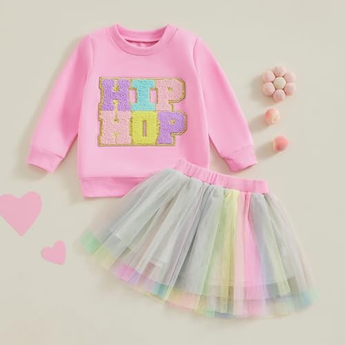 Image of Toddler Girl Easter Outfit Cute Bunny Letter Embroidery Sweatshirt Party Tutu Tulle Skirt Kids Spring Clothes