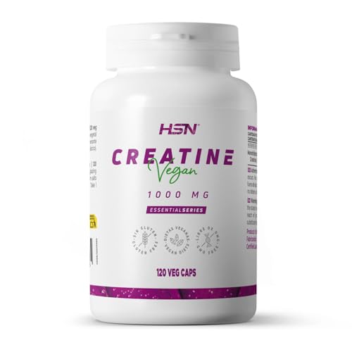 HSN Creatina Monohidrato | 120 Cápsulas Vegetales | 3 Gramos de Creatina Pura | Materia Prima con informe de pureza y ausencia de contaminantes y degradación | No-GMO, Vegano, Sin Gluten