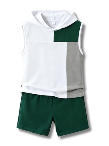 LKALPSQ Boys Clothes Shorts Sets Color Block Short and Sleeveless Hooded Shirt and Pockets Shorts Casual Summer Clothes Set Boys Sets Size 13-14Y