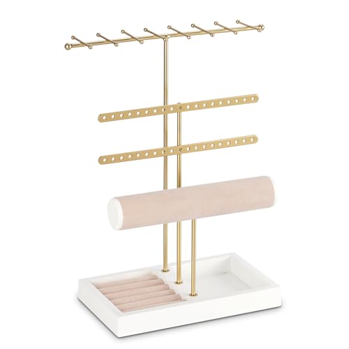 JAZUIHA Présentoir à bijoux doré en forme de T avec support de boucles d'oreilles, base pour bagues et bracelets, organisateur de bijoux pour boucles d'oreilles, colliers, bagues, bracelets