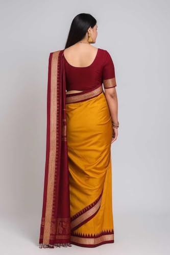 Image of NEW COLLECTION Women Silk Odisha Handloom Sambalpuri Plain Pata Saree Yellow Temple Border Pasapalli Design Mustard Kanjivaram Orissa Ethnic Handwoven Papa Silk Haldi Ceremony Pili Sari Red Blouse