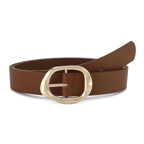 Earnda Leather Belts for Women Casual Fashion Waist Belt with Liquid Shapes Gold Buckle for Jeans Pants Dresses - Main Image