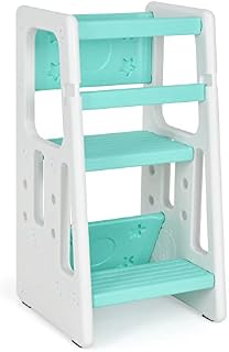GYMAX Step Stool for Kids, Kitchen Helper Stand with Double Safety Rails, Adjustable Heights and Anti-Slip Foot Pads, Toddler Tower Lightweight Stepladder