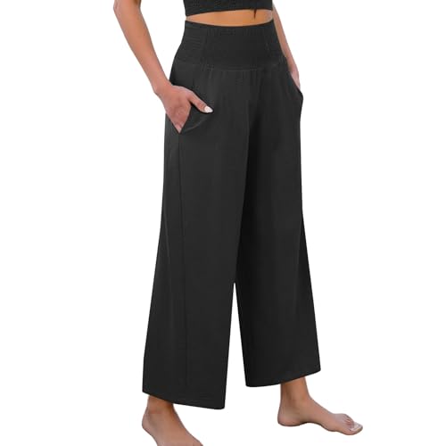 Linen Capri Pants for Women Smocked High Waist Wide Leg Capris Pants Summer Baggy Beach Lounge Boho Pant with Pockets2