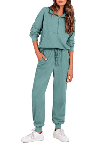 Image of PRETTYGARDEN Women 2 Piece Ribbed Knit Matching Lounge Sets | Comfy Sweat Track Suits, Athleisure Casual Outfit, Half Zip Sweatshirt & Jogger Pants, Fall Winter Clothes for Airport Travel