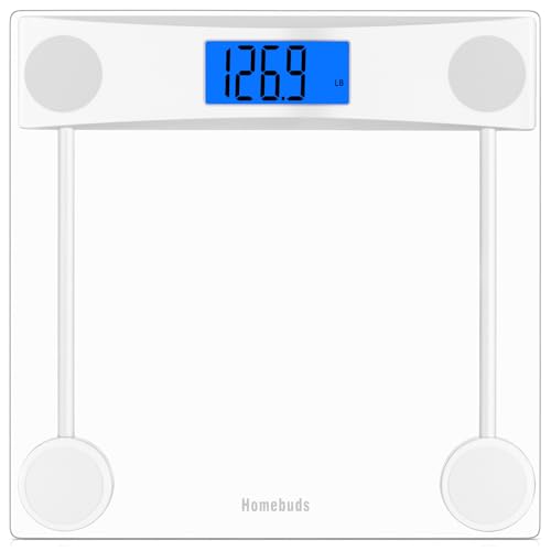 Homebuds bascula de baño, balanza peso corporal profesional fábrica DESDE 2001, pantalla LCD retroiluminada azul y función de encendido/apagado, 2*AAA incluidas, 180kg en 0,05kg, vidrio transparente