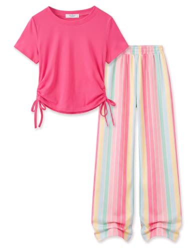 Image of Arshiner Girls 2 Piece Outfit Ruched Drawstring Tops and Wide Leg Pants Set