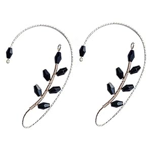 1Pair Vintage Ear Cuff Earrings, Ear Wrap Crawler Hook Earrings Wire Wrapping Beaded Non Piercing Jewelry for Women Girls (Black Crystal)