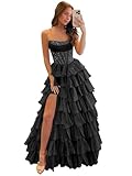 Ywwaaq Ruffles Prom Dress Black Sequin Long Tiered Glitter Formal Dresses Evening Gowns with Slit Size 12