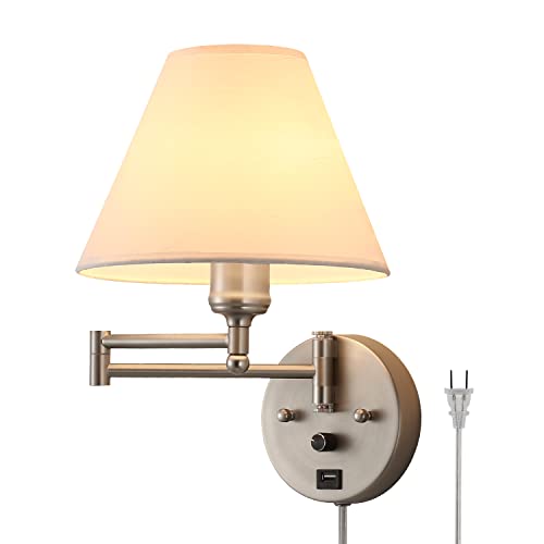 Swing Arm Wall Sconces, Plug-in Wall lamp,Bedroom Wall lamp ， White Fabric Shade，，with...