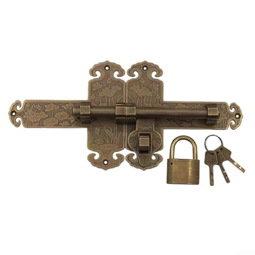 Cerrojo de latón vintage con diseño de loto para puertas de jardín y puertas de madera, cerradura segura, incluye llave y tornillos para uso doméstico rústico (bronce)