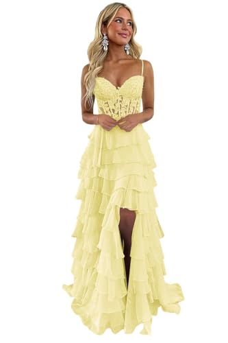 Qgeno Ruffle Prom Dresses 2026 Tiered Yellow Lace Applique Corset Long Chiffon Formal Evening Party...